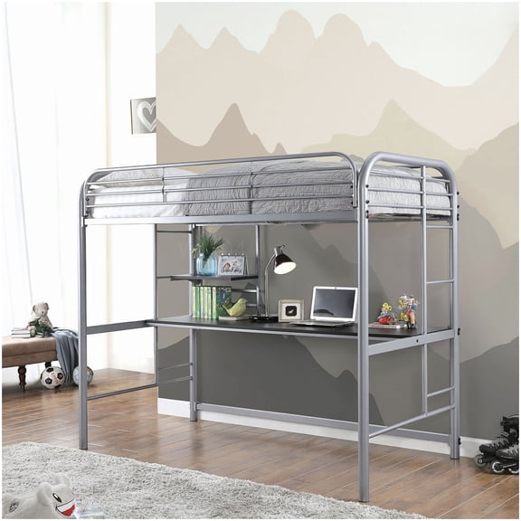 MANGIJOY Study Loft Bed with Desk, Full Metal Frame Loft Bed with Shelves, Space Saving Design with Safety Rails, Silver