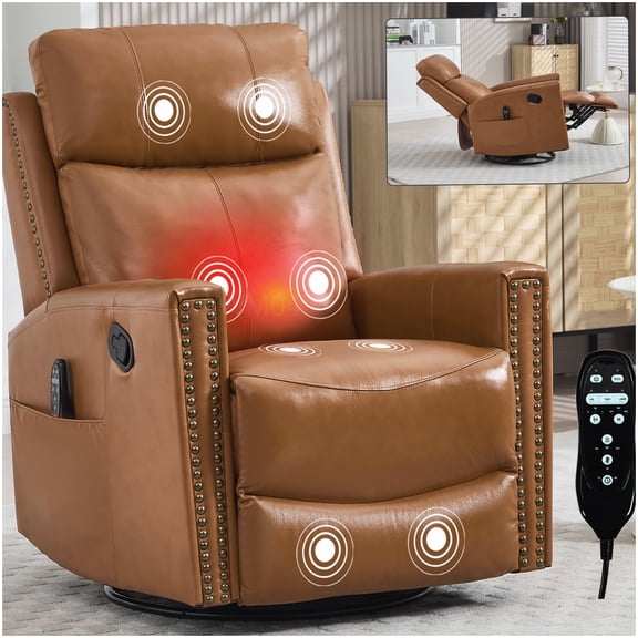 MANGIJOY Swivel Rocker Recliner Chair with Heat Massage, Genuine Leather, Orange Living Room