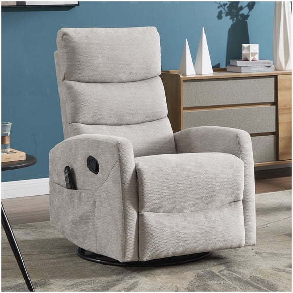 MANGIJOY Swivel Rocker Recliner Chair with Heat and Massage, Grey Fabric for Living Space