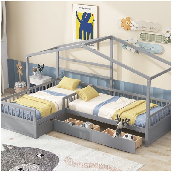 MANGIJOY Twin Size Gray Bunk Bed with Storage, L-Shaped Platform Bed Frame, No Box Spring Required for Small Spaces
