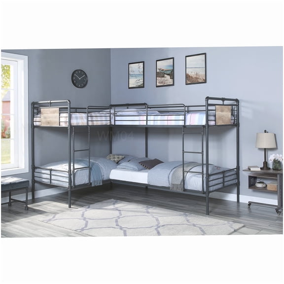 Twin Size L-Shape Quad Bunk Bed with Slats, Guard Rails, and Fixed Ladders, Space Saving Metal Frame, No Box Spring Needed, Black