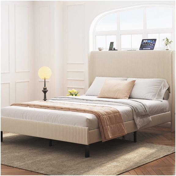MANGIJOY USB Charging Station Queen Bed, Beige Noise Free Platform Frame, Easy Tool-Less Assembly, Strong Metal Wood Support for Mattress, Low Profile Design