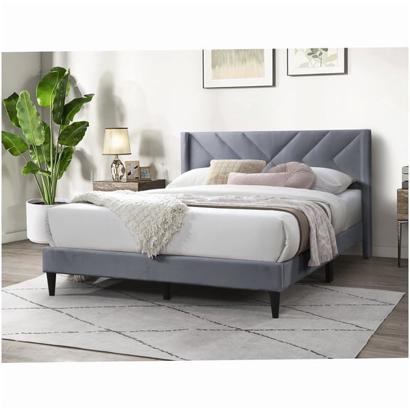 Upholstered Platform Bed Frame Queen, Grey Velvet Bed with Geometric Headboard, No Box Spring, Modern Bedroom Furniture with Easy Assembly