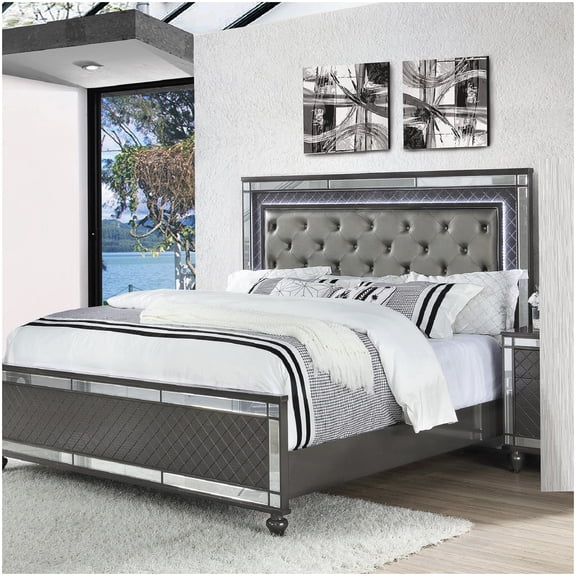 MANGIJOY Upholstered Queen Bed Frame with LED Lights, Storage, and Glam Mirror Design