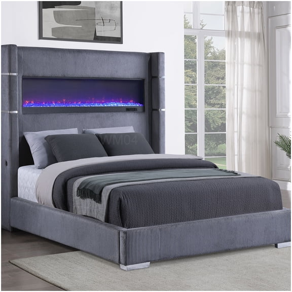 MANGIJOY Upholstered Queen Bed with Remote Controlled RGB LED Lights and Flame Box Panel