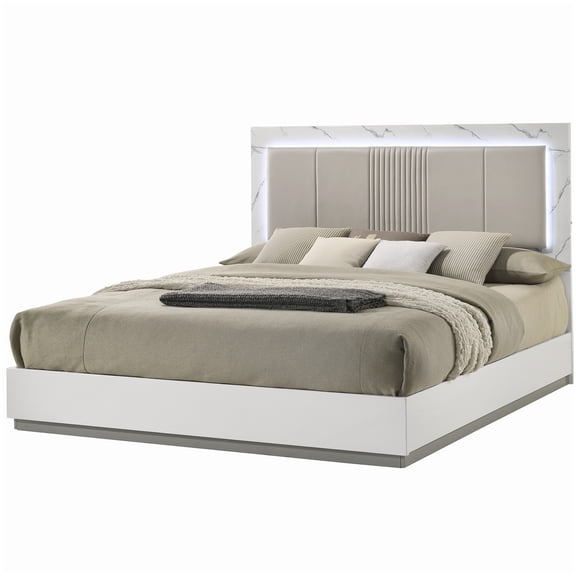 MANGIJOY White Marble Look Queen Platform Bed with Padded Headboard and LED Lights, Wood Slat Support Bed Frame