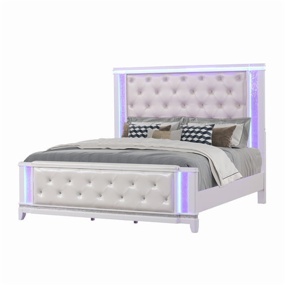 MANGIJOY White Queen Bed Frame with LED Light Headboard, Tufted Upholstery and Crystal Details, No Box Spring Required