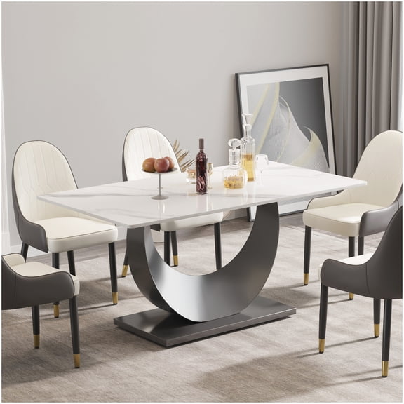 MANGIJOY White Sintered Stone Rectangular Dining Table, 63-Inch Long with Crescent Metal Base, Seats 8