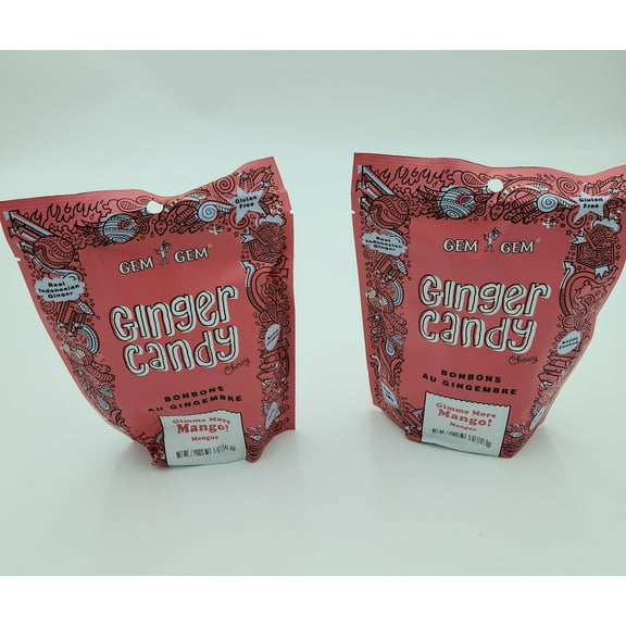 MANGO Ginger Candy Chews (2-Pack)- (2) Gem Gem 5oz Bags - All-Natural, Non-GMO, Gluten Free, Vegan, Real Indonesian Kettle Cooked Ginger | The perfect chewy sweet with a kick!