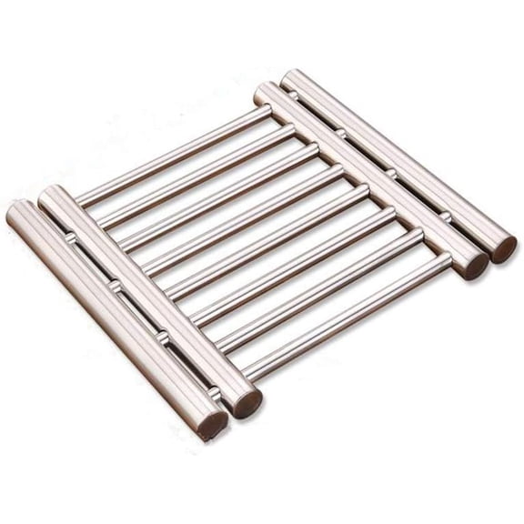 MANGOBOB 8x9 Metal Adjustable Trivet Wite from 9" to 15" Multi-Purpose Spoon Rest and Kitchen Table mats Shrink Pads Non-Sliding hot pad and Pot Holder (Silver)