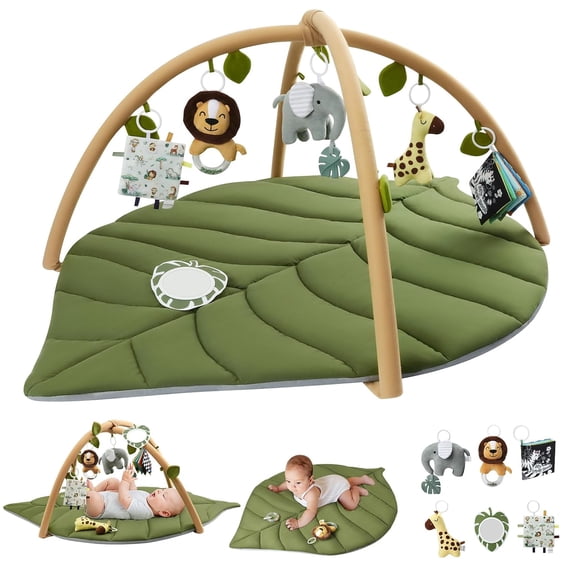 MANGOBOB Baby Play Gym & Activity Mat, Oversize Leaf Shaped Baby Play Mat w 6 Detachable Toys, Tummy Time Mat Promote Motor Skills & Sensory Development Mat, Newborn Infant Baby Essentials Gift