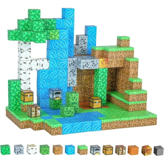 MANGOBOB Magnetic Blocks Build Mine Magnet World Edition, 70 Pieces, Multicolor