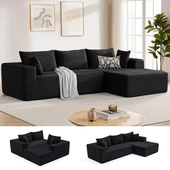 MANGODAN 110" Cloud Sectional Couch, Boneless Sofa for Living Room, Modular Sectional Sofa with Deep Seat, Comfy Fluffy Couch with L-Shaped Chaise, No Assembly Required (Right-Facing Chaise, Black)