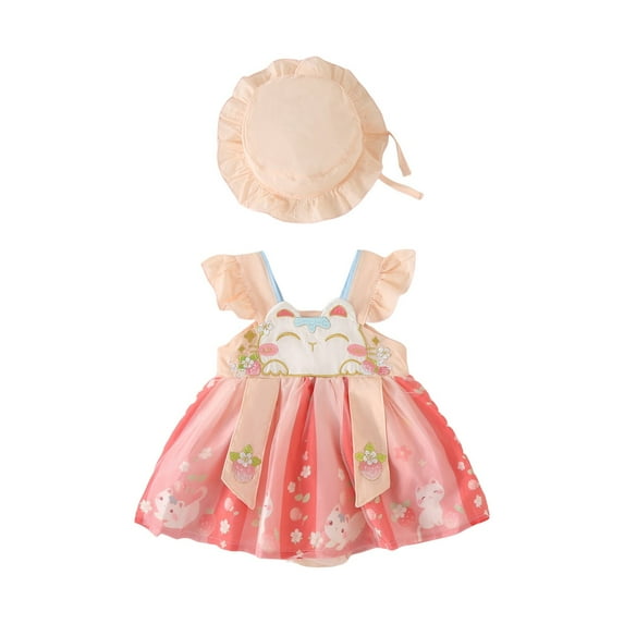 MANHUJI 9-12 Month Girl Clothes Summer Baby Sling Cute Cartoon Embroidery Print Fly Sleeve Newborn Baby Romper with A Baby Cap Baby Boy Sleepers 3-6 Month Girl Clothes (Pink,0-3 Months)