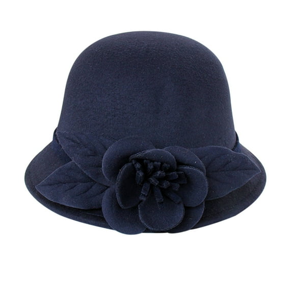 MANHUJI Bucket Hat Womens 1920S Bucket Cloche Hat Winter Wool Crushable Bowler Hat Vintage Cloche Round Hat with Flower Small Bowler Hat (Navy Blue,One Size)