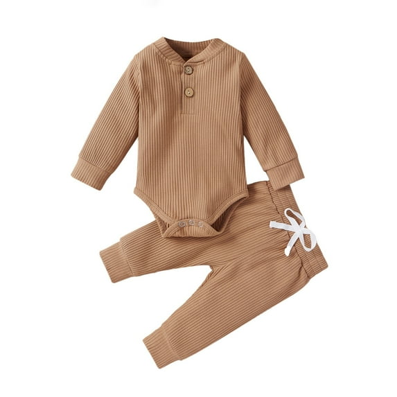 MANHUJI Clearance Newborn Fall Winter 2Pcs Outfits Baby Boy Girl Clothes Set Ribbed Outfits Unisex Infant Solid Color Long Sleeve Tops Pants Set (Coffee,60)