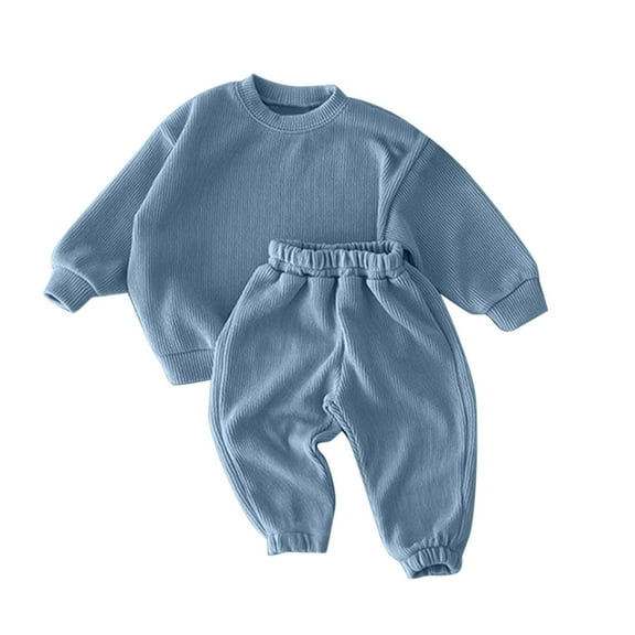 MANHUJI Clearance Newborn Infant Crewneck Sweatsuits Baby Girls Boys 2 Piece Outfit Casual Solid Color Long Sleeve Sweatshirts+Long Pants Set Outfits Fall Clothes (Blue,80)