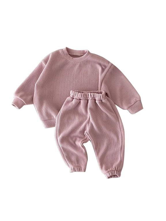 Clearance Newborn Infant Crewneck Sweatsuits Baby Girls Boys 2 Piece Outfit Casual Solid Color Long Sleeve Sweatshirts+Long Pants Set Outfits Fall Clothes (Pink,90)
