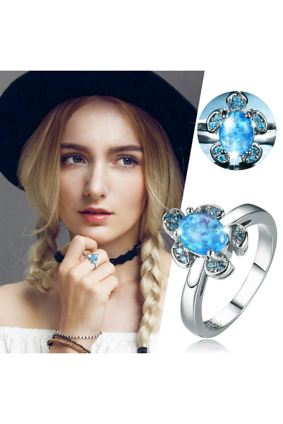 Diamond Ring Blue Sea Turtle Shape Ring Diamond Turtle Rhinestone Ring Elegant Geometry Rhinestone Ring Full Diamond Rings for Women Size 6 10 Silver Wedding Band Women Pinky Ring (Blue,9)