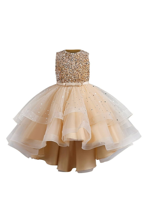 Dresses for Girls Girls Sequins Puffy Yarn Trailing Dress Princess Dress Gowns Dresses Piano Performance Dresses Girls Clothes Rainbow Dress Jr Bridesmaid Dresses (Gold,130)