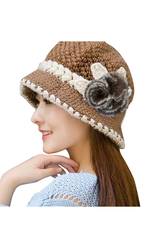Fashion Vintage Bowler Hat Women Knitted Cloche Hat Winter Warm Crochet Knitted Flowers Decorated Ears Hat Cloche Bucket Winter Hat (Khaki,One Size)