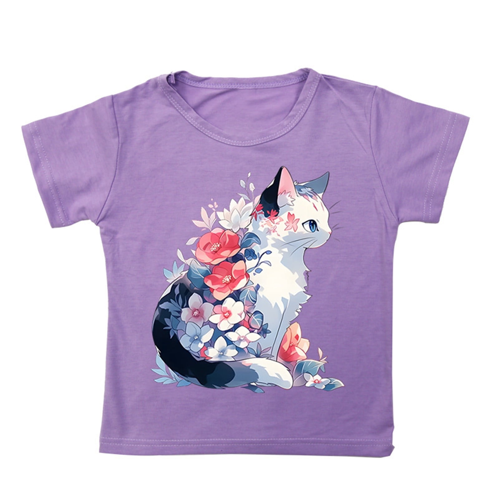 Girls Purple Cat Cartoon Printed T-Shirt With Flared Pants Sets