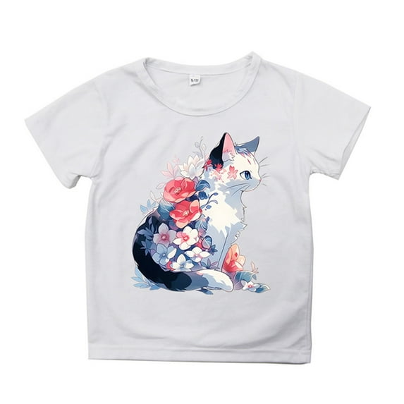 MANHUJI Girls 5T Girls Summer Loose Casual Trendy Cute Cat Printed Short Sleeve T Shirt Top 5T Girl Shirts 3T Shirts Girls Tops (White,90)