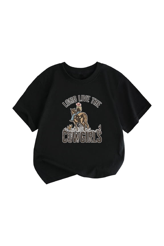 Girls 5T Little Children And Big Kids Long Live The Cowglrls Cartoon Print Boys And Girls Tops Short Sleeved T Shirts 5T Girl Shirts 3T Shirts Girls Tops (Black,6T)