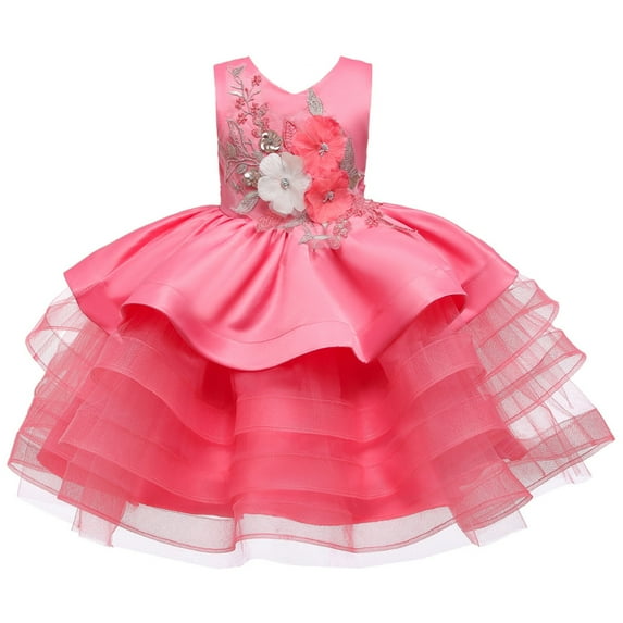 MANHUJI Girls Dresses Size 6 Toddler Baby Kids Girls Patchwork Flowers Tulle Party Dress Princess Dresses Girls Dresses Size 6 Girls Sequin Dress Vestidos Para Niña (Hot Pink,120)