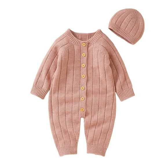 MANHUJI Girls Pajamas Newborn Infant Boy Girl Solid Knitted Sweater Baby Jumpsuit Romper Cotton Caps Outfits Sets Clothes Baby Boy Sleepers 3-6 Months Infant Boys Clothes (Pink,86)