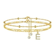 MANHUJI Gold Anklets Female Foot Chain 26 Letters Zircon Double Layer Anklet Jewelry Anklet 26 Initial Anklet Bracelets for Women Letters Anklet Gold Anklets for Women Real Gold (E,One Size)