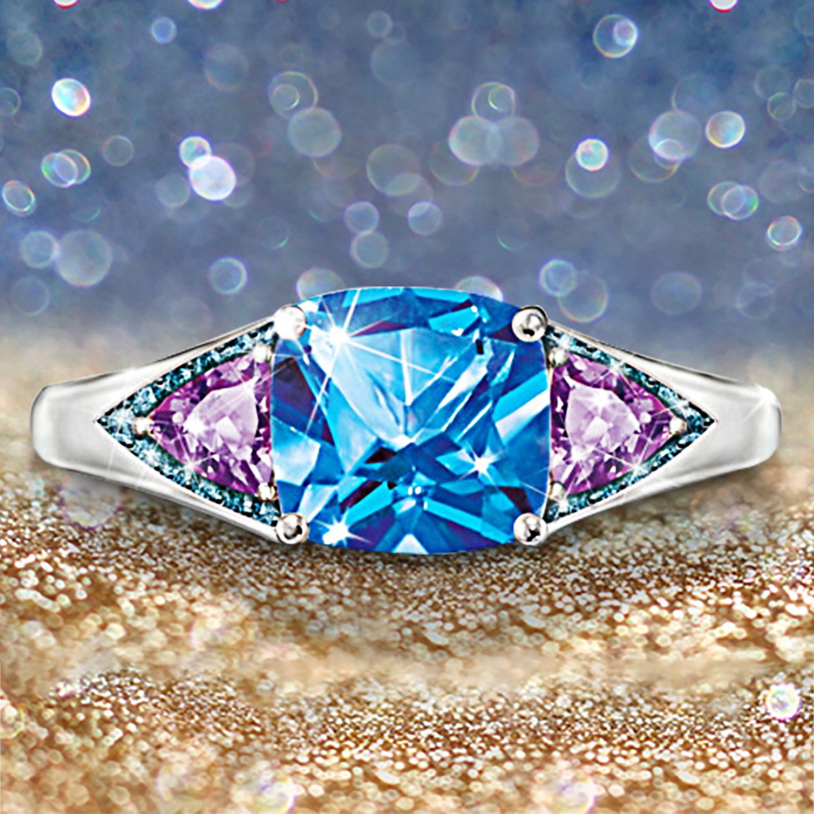 MANHUJI Gold Ring Set Bright Diamond Ring Square Blue Stone Jewelry ...