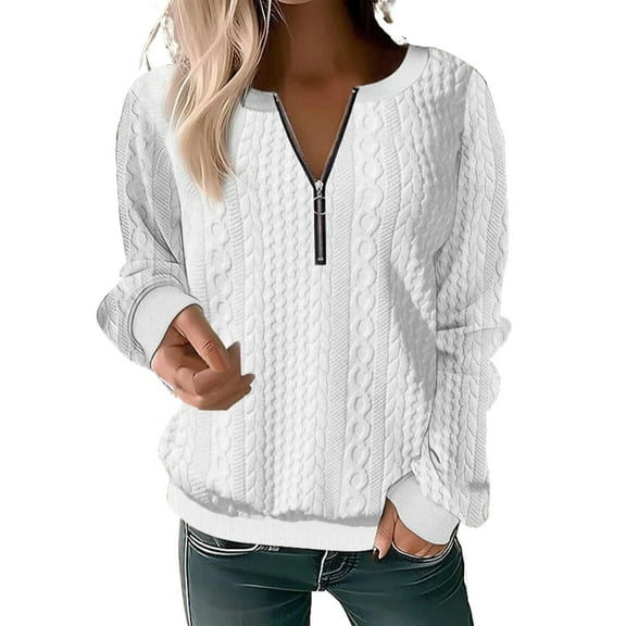 MANHUJI Half Zip Sweatshirt Women Autumn and Winter Fashion Women's Long Sleeve With Half Zipper Solid Color Ladies Hoodless Sweatshirt Sweatshirts Sudaderas Para Mujer (White,XL)