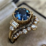 MANHUJI Jewelry for Women Bright Zircon Ring Round Blue Stone Jewelry Fashion Jewelry Engaged Ring for Women Diamond Ring Diamond Ring Jewelry for Women(Gold,6)