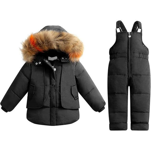 MANHUJI Kids 2-Piece Snowsuit Toddler Baby Boys Girls Winter Warm Down Faux Fur Hooded Jacket Ski Jacket Snow Jumpsuit Pants Set Ski Suit Infant Winter Clothes (Black,90)