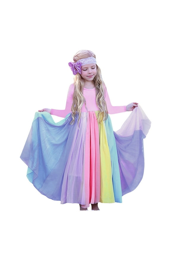 Kids Dress Kids Girls Rainbow Splice Princess Pageant Gown Birthday Party Dresses Back To School Dress Birthday Girl Dress Fancy Dress for Girls (Pink,130)