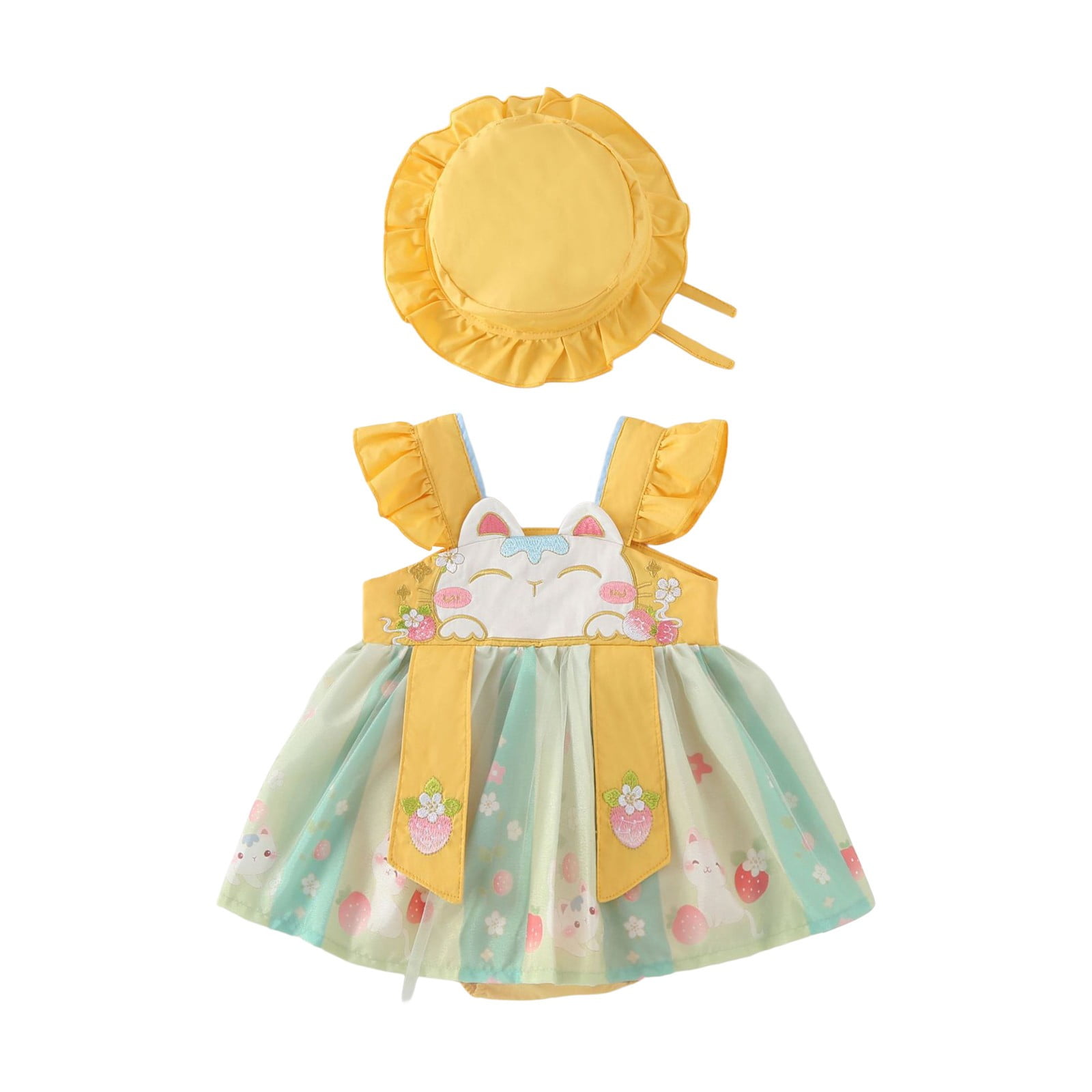 MANHUJI Newborn Baby Girl Clothes Summer Baby Sling Cute Cartoon Embroidery Print Fly Sleeve Newborn Baby Romper with A Baby Cap Gender Neutral Baby Clothes Baby Gifts (Yellow,0-3 Months)