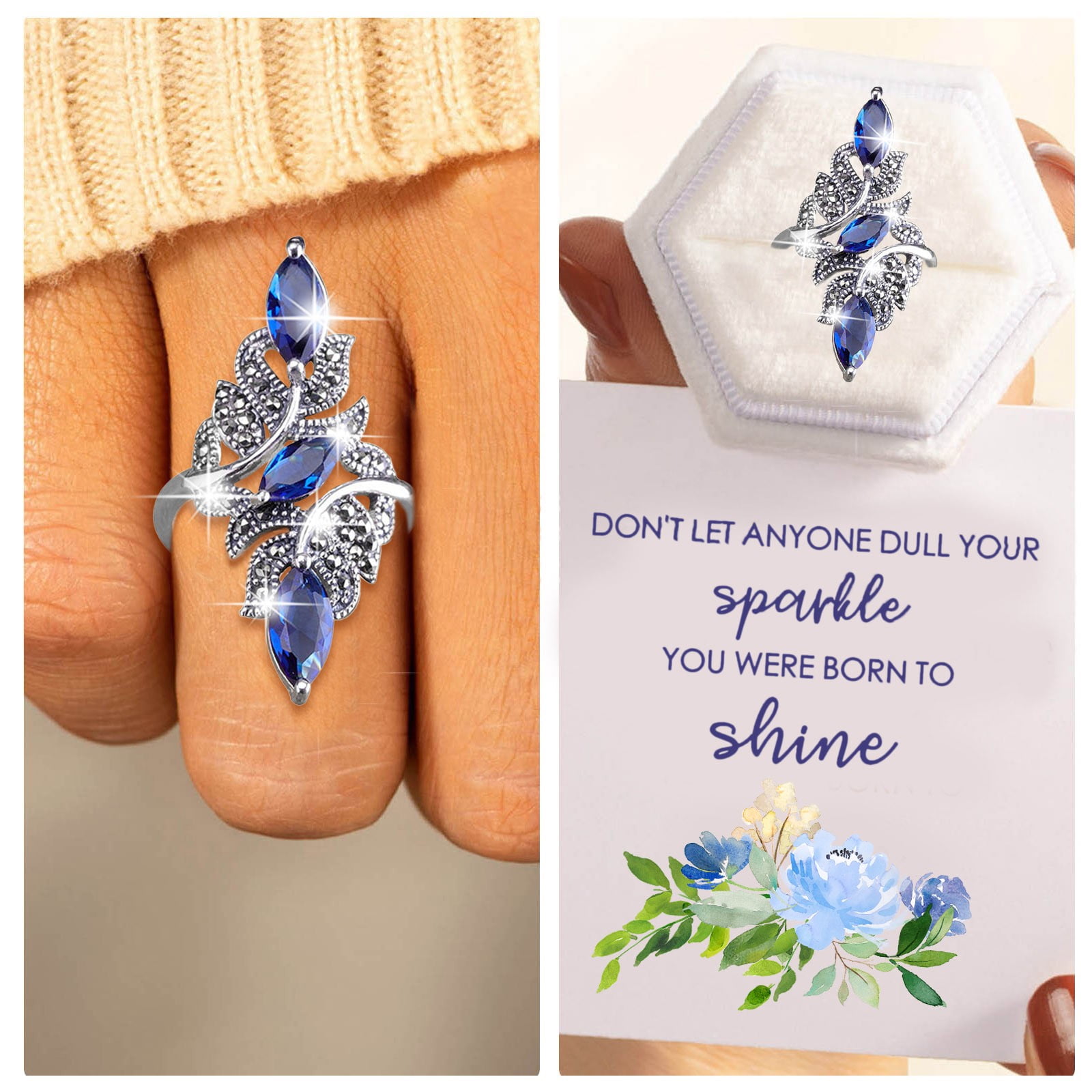 Artificial Stackable Rings MANHUJI Stackable Rings Blue Artificial Flower Diamond Ring Elegant ...