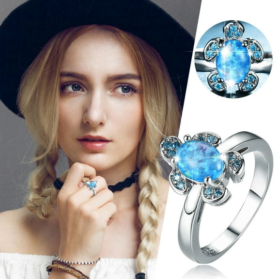 MANHUJI Trendy Jewelry Blue Sea Turtle Shape Ring Diamond Turtle Rhinestone Ring Elegant Geometry Rhinestone Ring Full Diamond Rings for Women Size 6 10 Women Rings Costume Jewelry for Women (Blue,7)