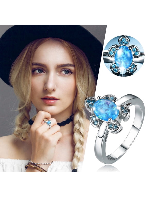 Trendy Jewelry Blue Sea Turtle Shape Ring Diamond Turtle Rhinestone Ring Elegant Geometry Rhinestone Ring Full Diamond Rings for Women Size 6 10 Women Rings Costume Jewelry for Women (Blue,7)