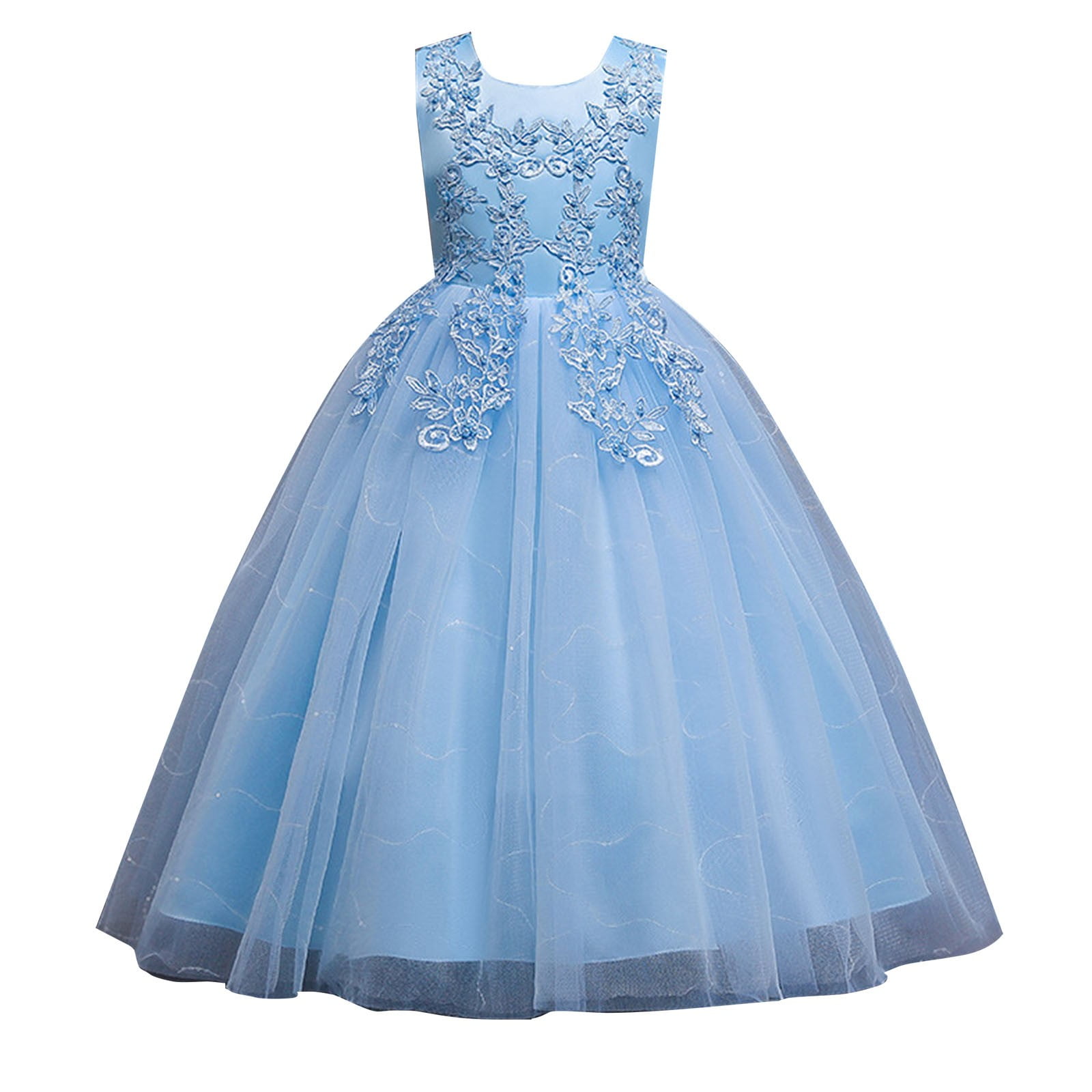 MANHUJI Vestidos Para Niñas Flowers Little Girls Tulle Lace Wedding Party Dress for Kids formal Birthday Princess Pageant Prom Maxi Gown Dresses for Girls Kids Dresses (Blue,130)
