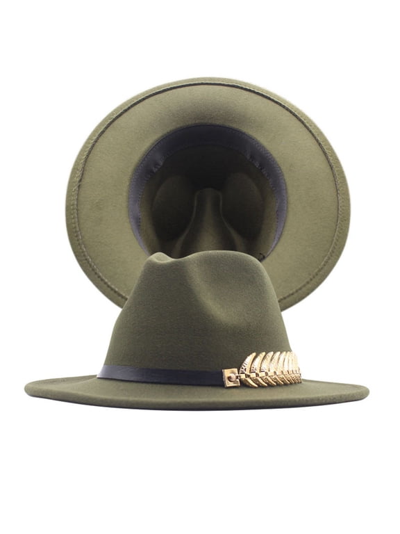 Vintage Wide Brim Fedoras Hat for Womens Fashion Panama Hat Classic Fedora Hat with Belt Buckle Wide Floppy Caps Big Rancher Felt Hat (Army Green,One Size)