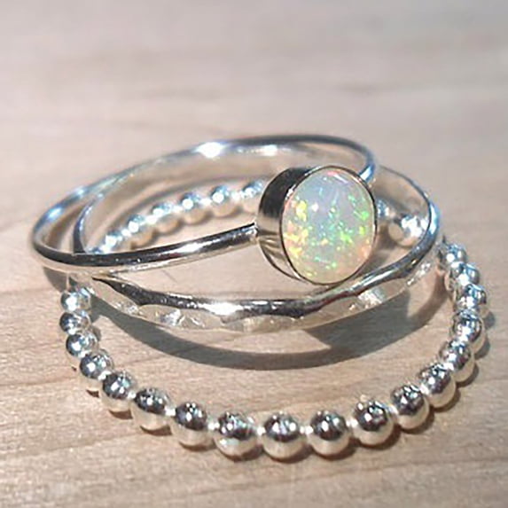 MANHUJI Wedding Band Sterling Silver Opal Ring Stacking Ring Set 3Pcs Silver Minimalist Geometric Ring Stackable Rings for Women Silver Rings Wedding Band(Silver,9)