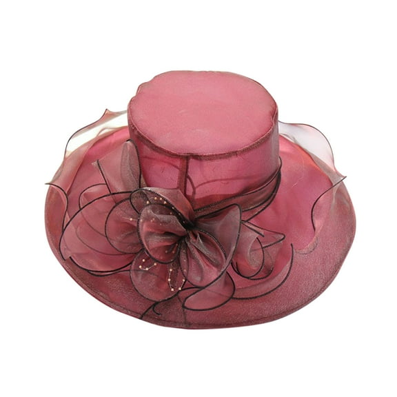 MANHUJI Women Derby Church Hat Organza Flower Wedding Tea Party Fascinator Hat Wide Brim Sun Hat Organza Flower Wedding Tea Party Hat (Wine Red,One Size)