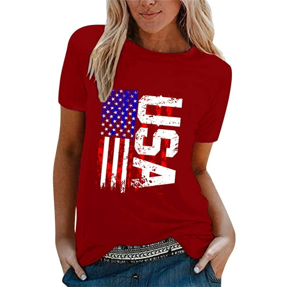 MANHUJI Womens T Shirts Women Casual Independence Day Flag Print T Shirt Short Sleeve Shirt Loose Blouse Tops Shirts for Women Sleeveless Tops for Women BlouseRed2