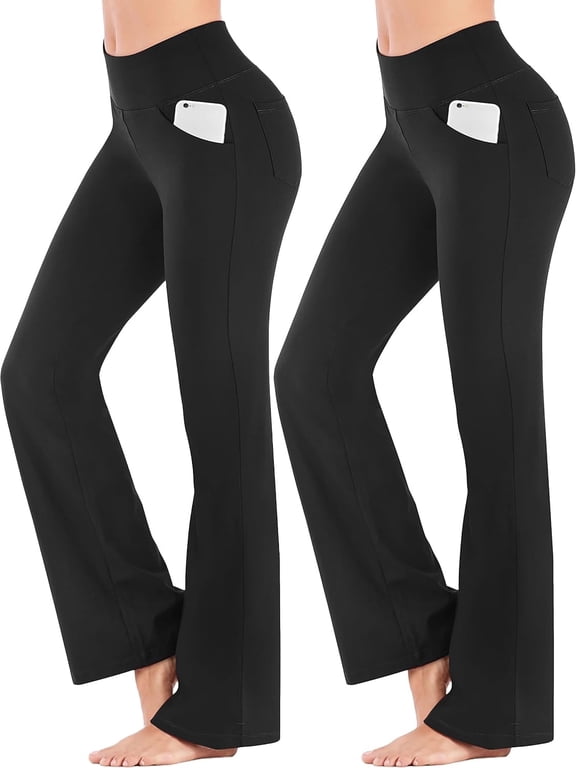2 Pack Bootcut Yoga Pants with Pockets for Women Wide Leg Pants High Waist Workout Pants Tummy Control Work Pants 4 Pockets