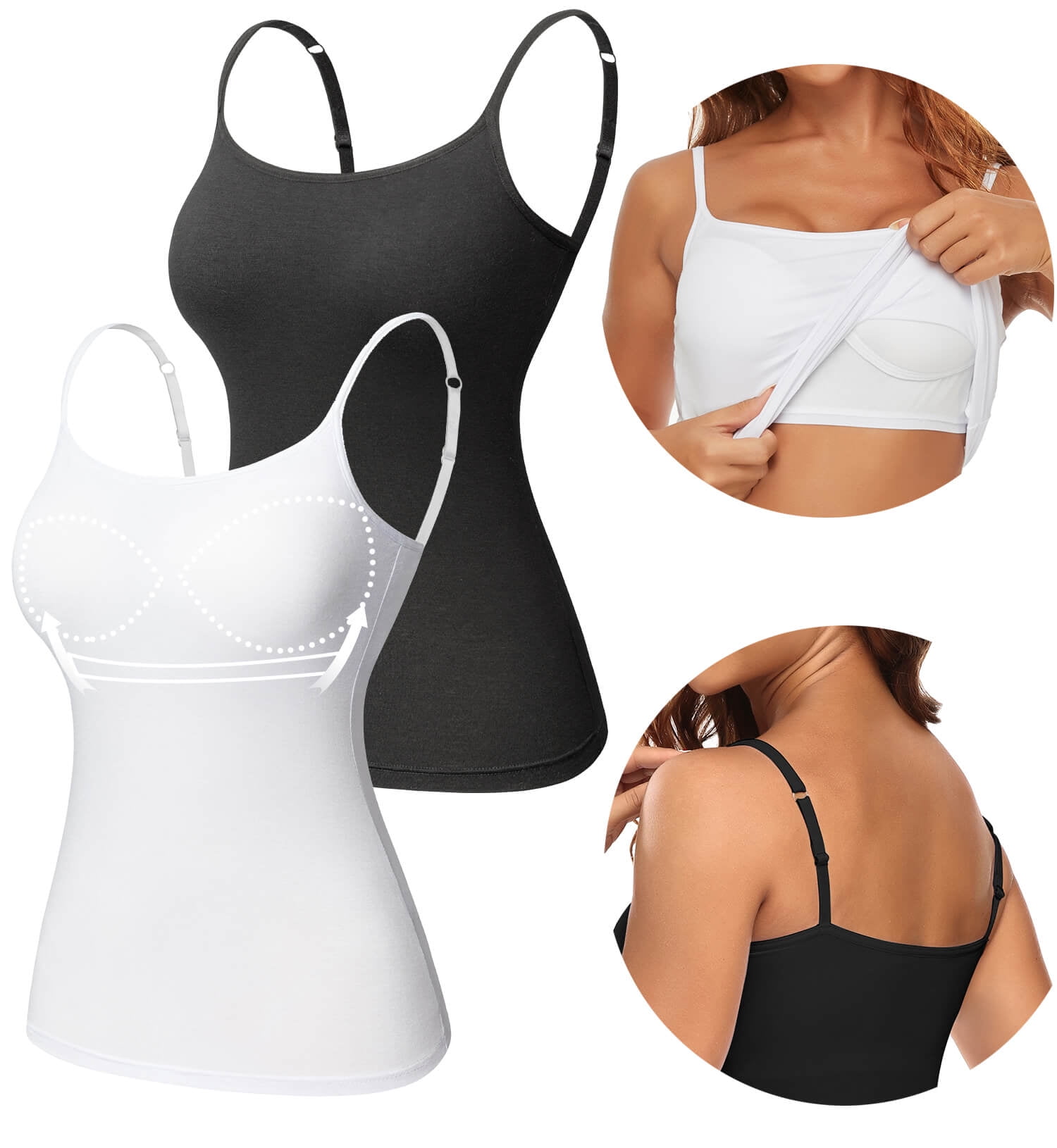 MANIFIQUE 3 Pack Women's Camisole with Built-in Padded Bra Adjustbale  Spaghetti Strap Tank Top Cami Comfort Undershirt 