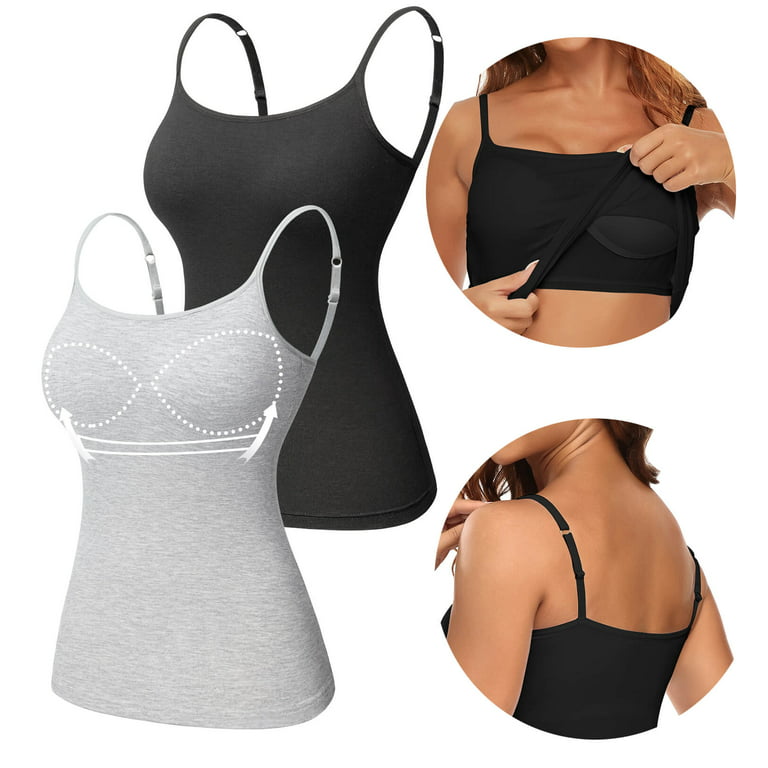 MANIFIQUE 2 Pack Women's Camisole with Built-in Padded Bra Adjustbale  Spaghetti Strap Tank Top Cami Comfort Undershirt
