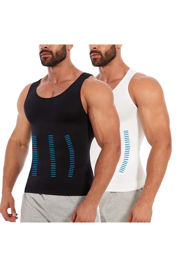 2 Packs Compression Shirts for Men Gynecomastia Tank Tops Body Shaper Vest Slimming Base Layer Belly Control Undershirt