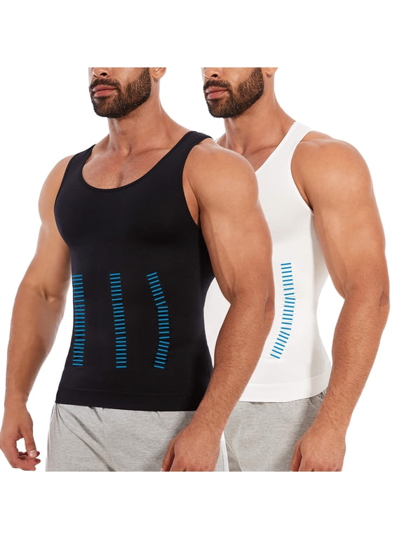 2 Packs Compression Shirts for Men Gynecomastia Tank Tops Body Shaper Vest Slimming Base Layer Belly Control Undershirt